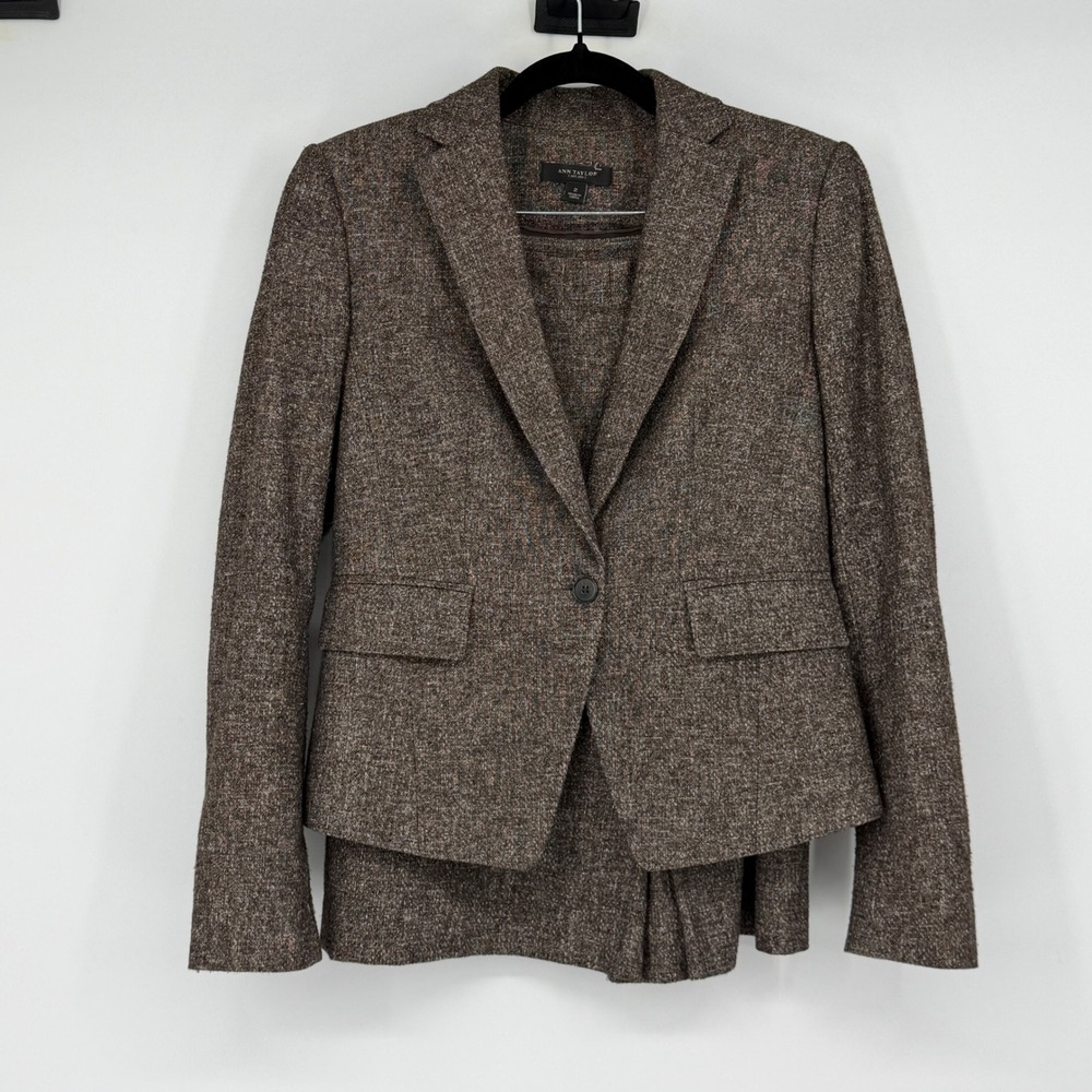 Ann Taylor Blazer 2 Skirt 0 Brown Wool Blend Tweed 2 Piece Suit Set Office